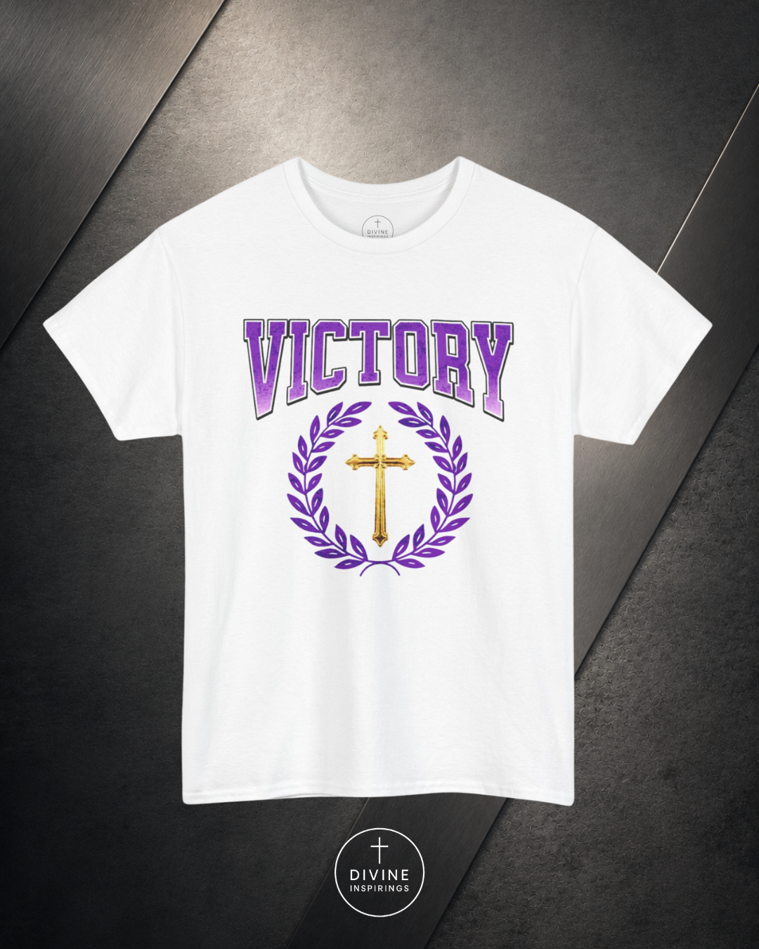 White t-shirt with 'Victory' and cross design on a dark background
