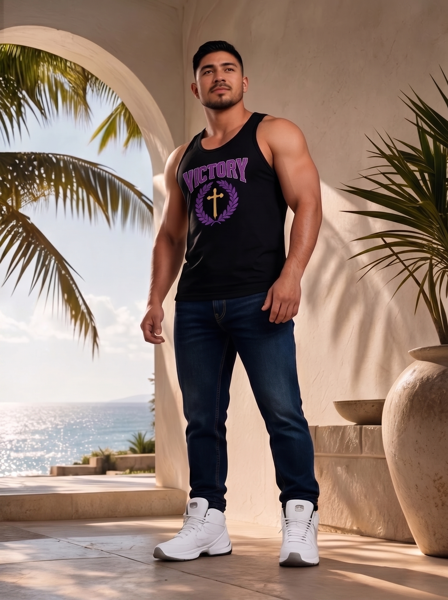 Man wearing a black tank top with 'Victory' and 'Purple' text, standing in a tropical setting.