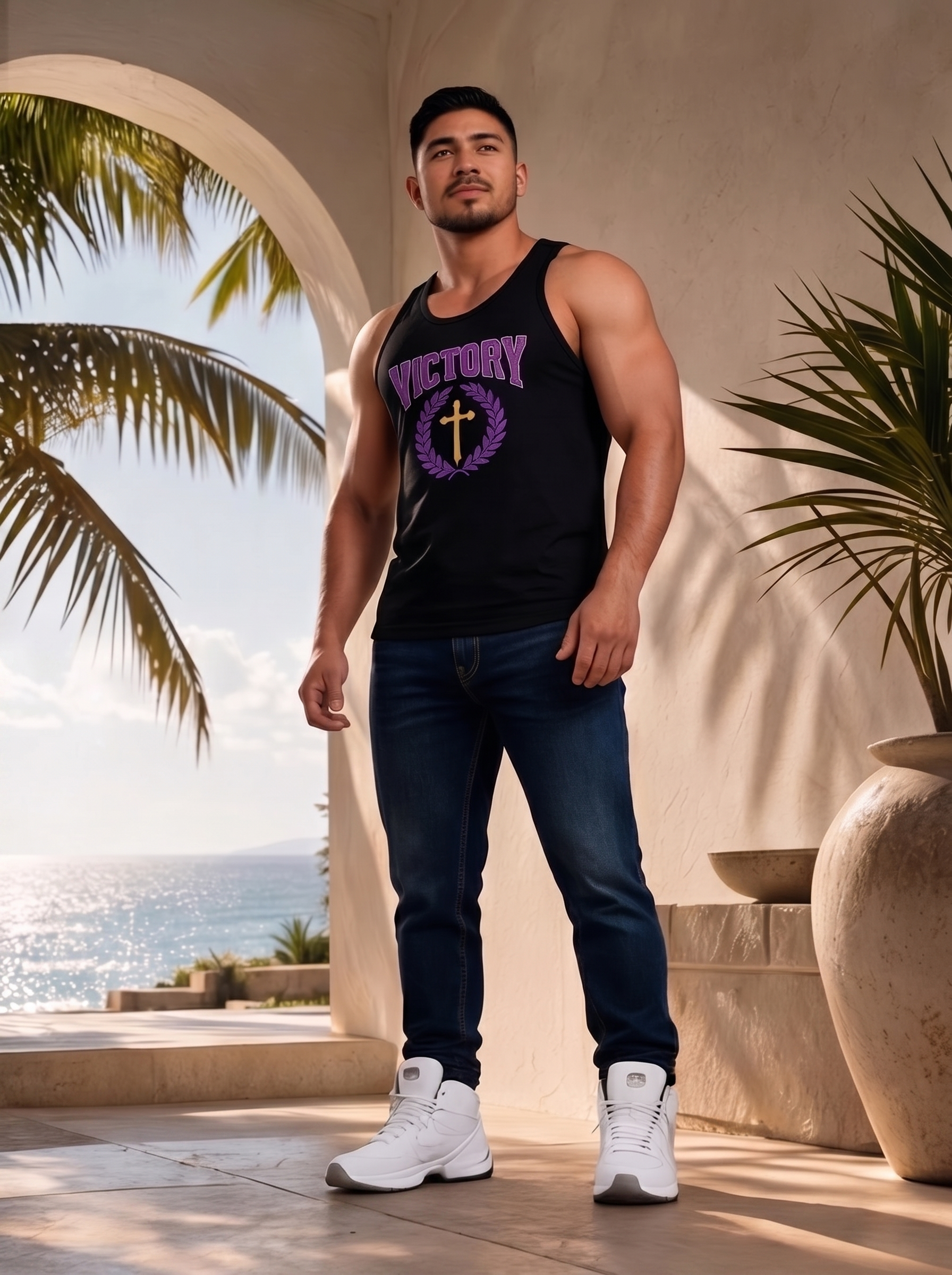 Man wearing a black tank top with 'Victory' and 'Purple' text, standing in a tropical setting.
