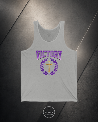 Gray tank top with 'Victory' and cross design on a metallic surface