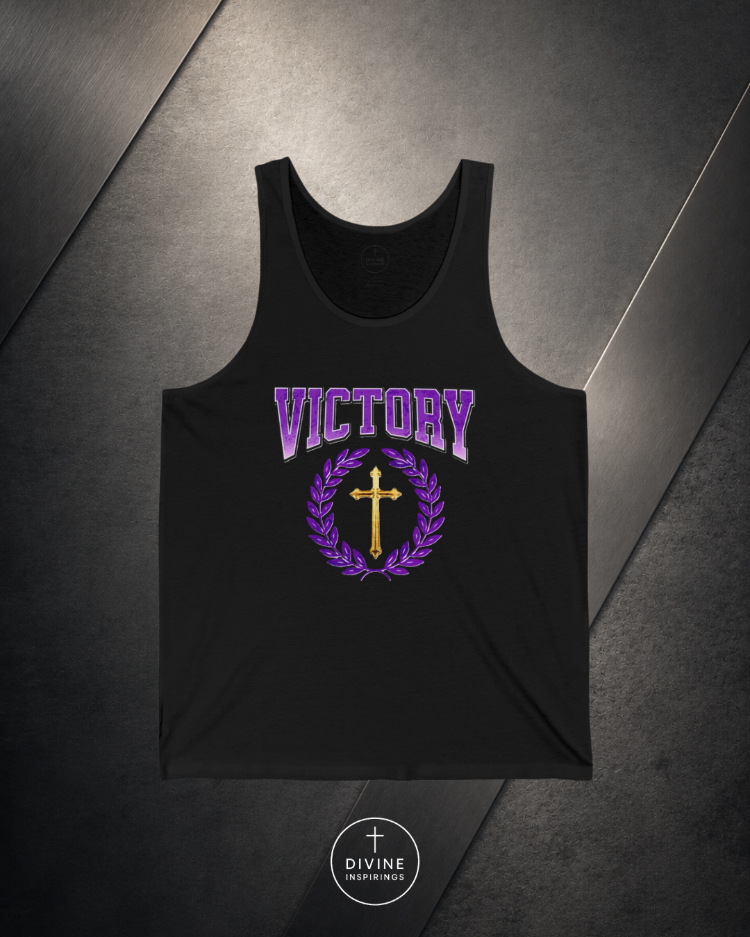 Black tank top with 'VICTORY' and cross design on a dark background