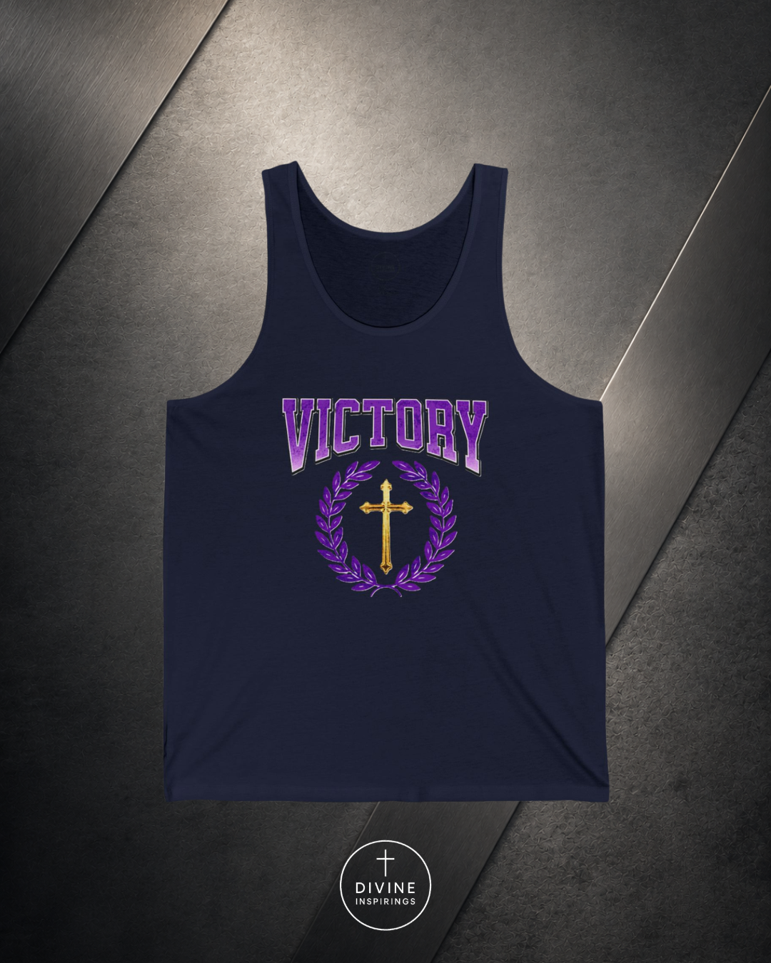 Navy tank top with 'VICTORY' and cross design on a dark surface