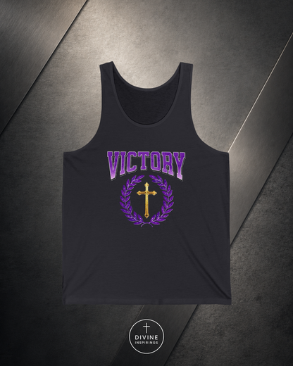 Black tank top with 'VICTORY' and cross design on a dark surface