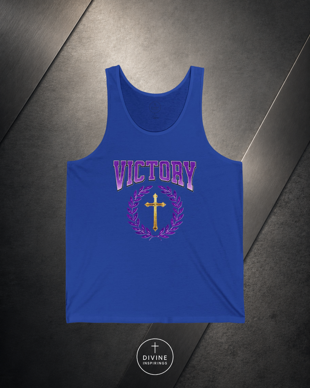 Blue tank top with 'Victory' and cross design on a dark surface