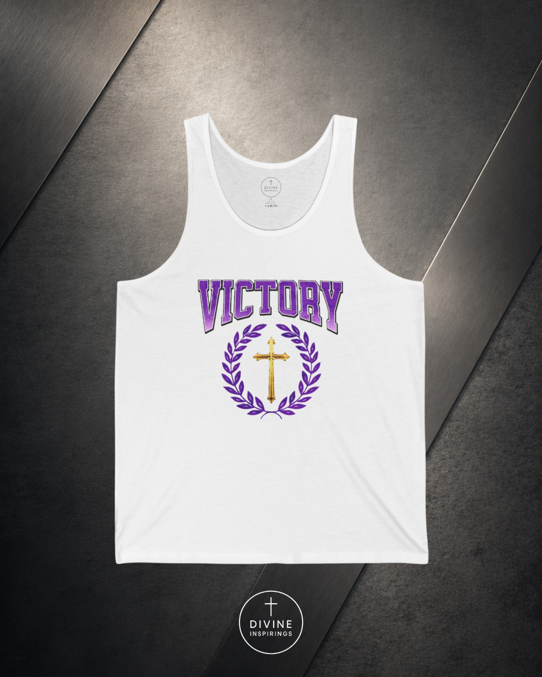 White tank top with 'Victory' and cross design on a dark surface