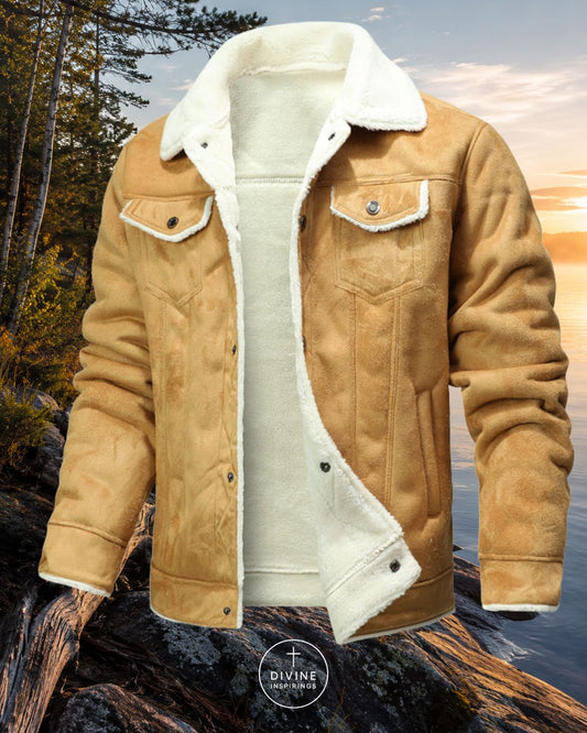 A tan suede-like jacket with a white sherpa lining, shown open over a white shirt against a scenic outdoor background of trees, water, and a sunset sky. A circular 'DIVINE INSPIRINGS' logo is visible at the bottom.