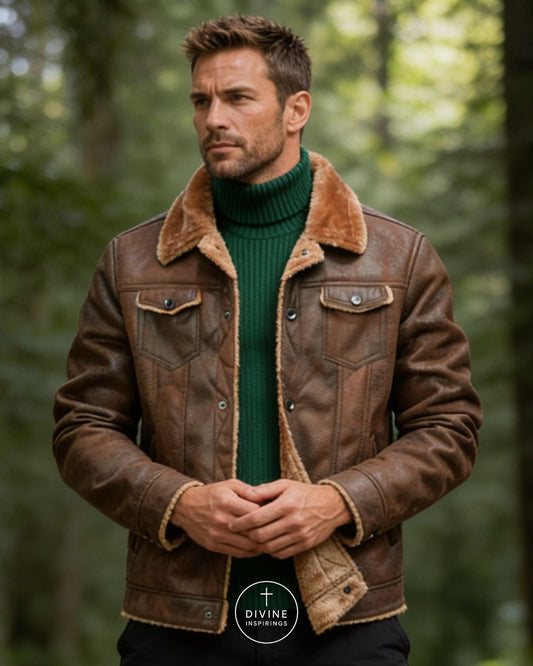 A man wearing a brown leather jacket with a tan shearling collar and lining, layered over a dark green turtleneck sweater, standing in a blurred forest setting. A circular 'DIVINE INSPIRINGS' logo is visible at the bottom center.