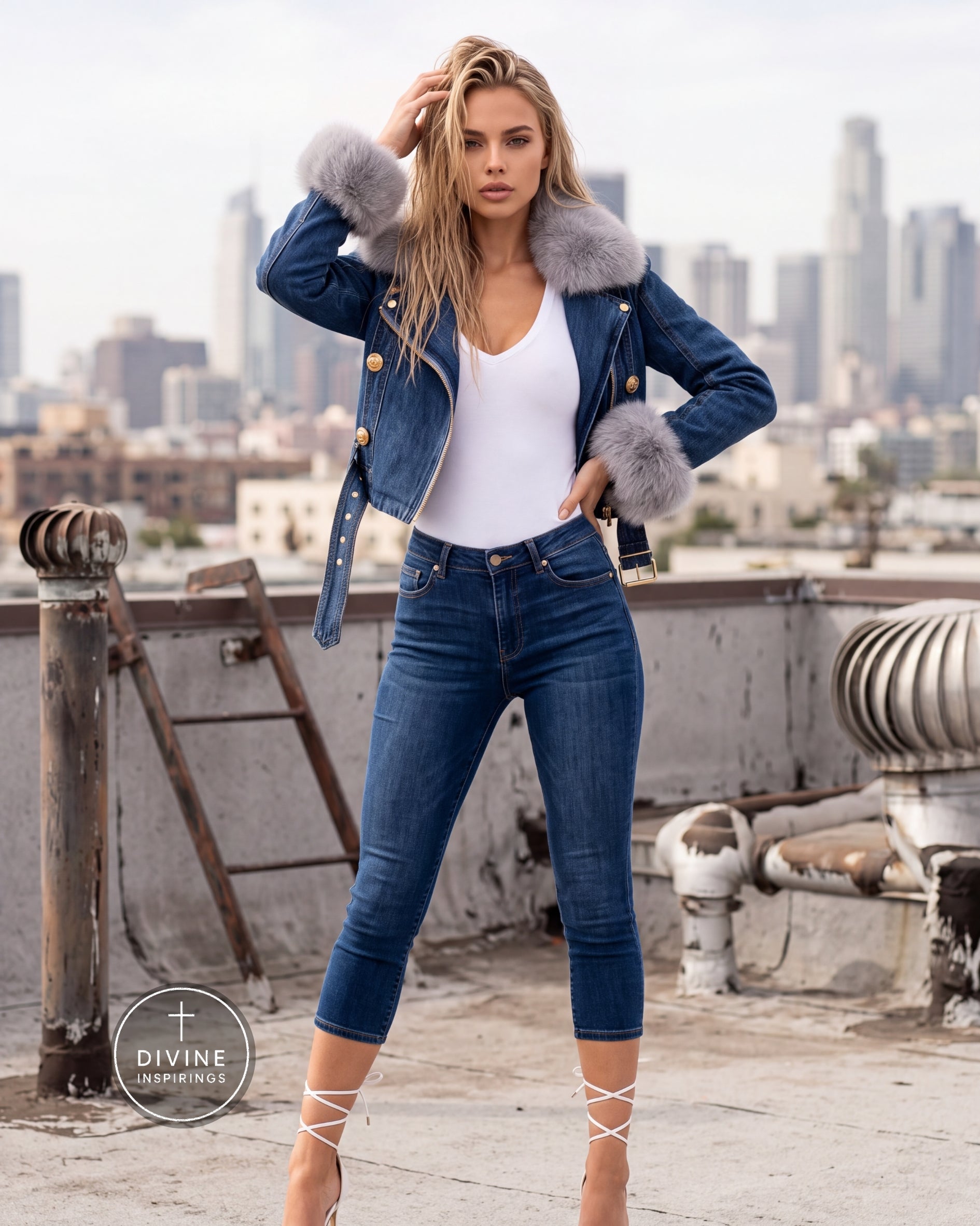 A woman stands on a rooftop wearing a blue denim jacket with gray faux-fur trim, a white tank top, and blue skinny jeans, with a blurred city skyline in the background. A circular 'DIVINE INSPIRINGS' watermark appears in the lower left.