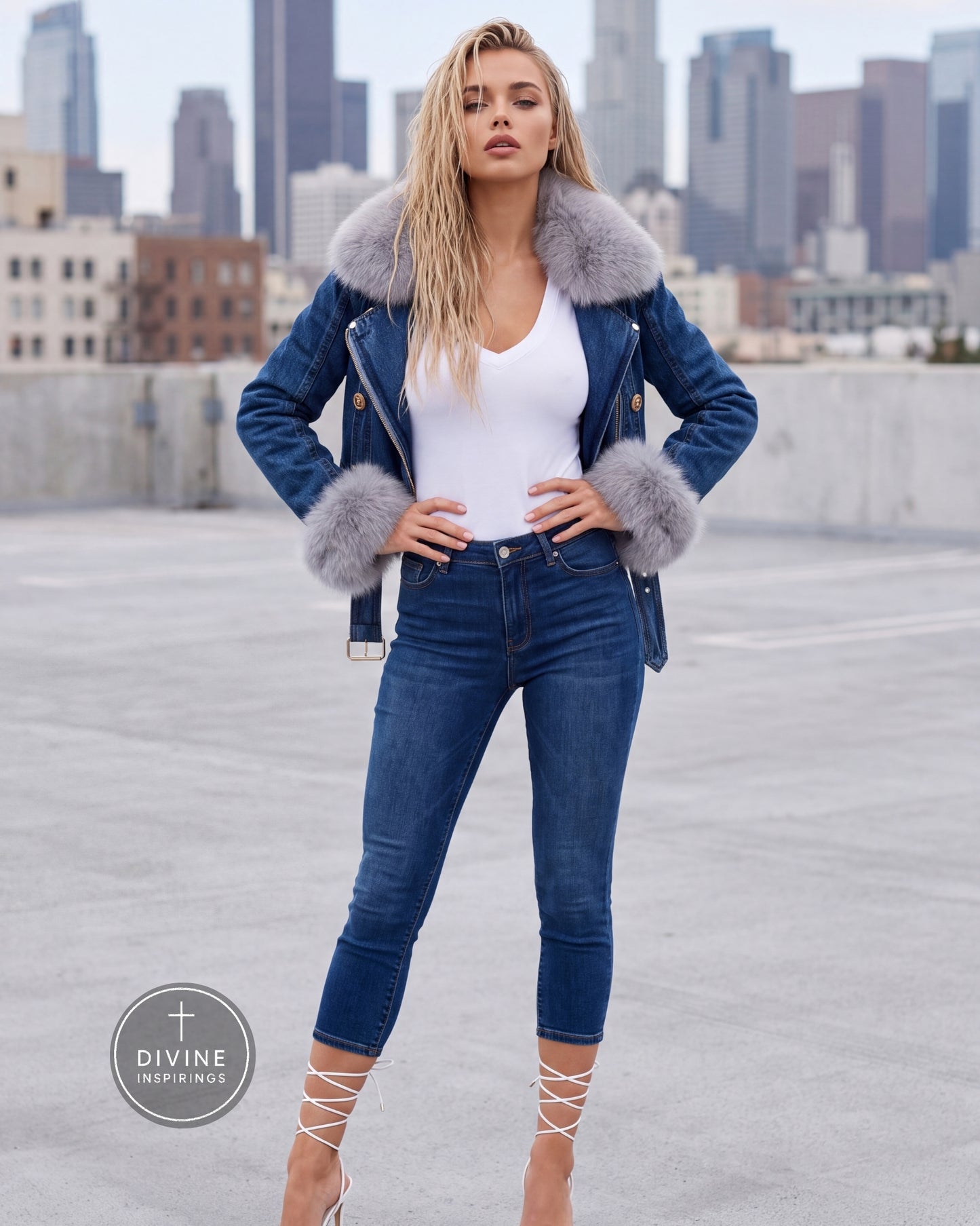 A woman stands on a rooftop wearing a blue denim jacket with a large gray faux-fur collar and cuffs, a white top, and blue skinny jeans. A city skyline is visible in the background, and a circular 'DIVINE INSPIRINGS' logo appears in the lower-left corner.