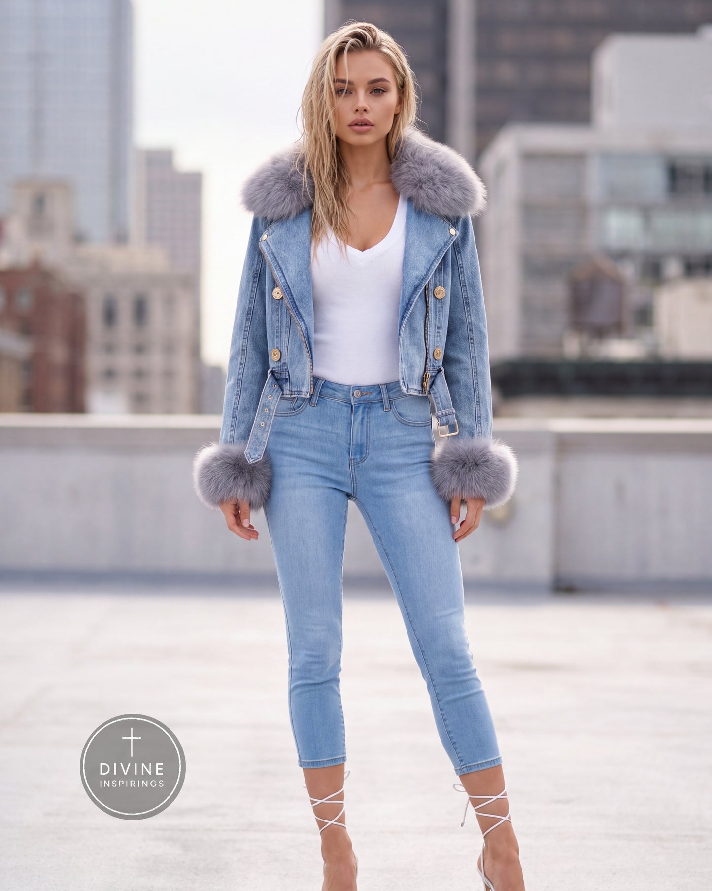 A woman stands on a rooftop wearing a light blue denim jacket with a large gray faux-fur collar and matching gray faux-fur trim at the cuffs, paired with light blue skinny jeans, a white top, and lace-up heels. A circular 'DIVINE INSPIRINGS' logo watermark is visible in the lower-left corner.