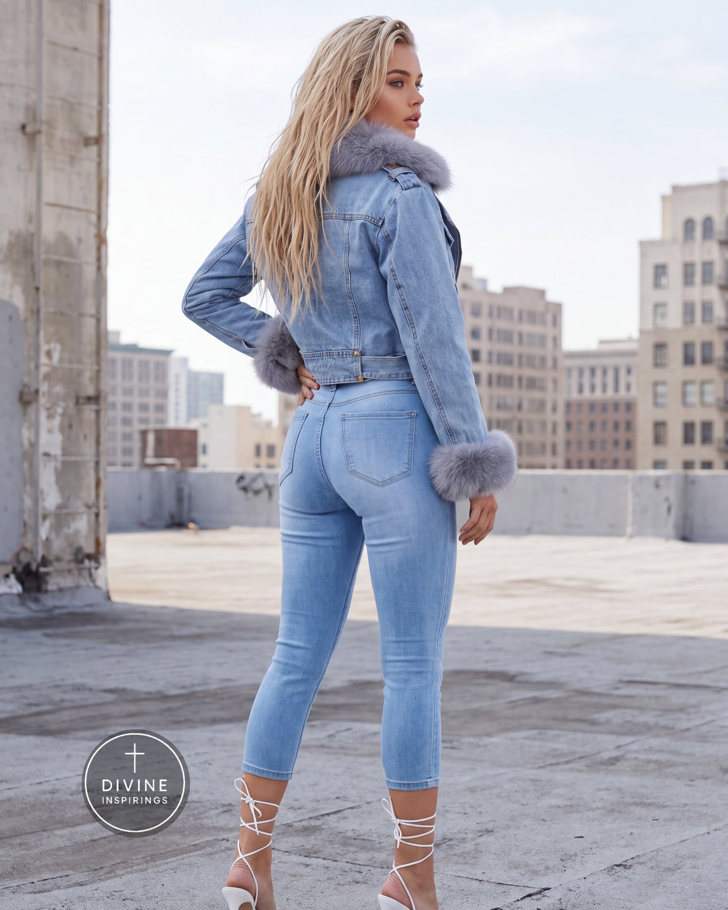 A woman stands on a rooftop wearing a light blue denim jacket with gray faux-fur trim on the collar and cuffs, matching light blue skinny jeans, and white lace-up heels. The DIVINE INSPIRINGS logo is visible in the lower-left corner.