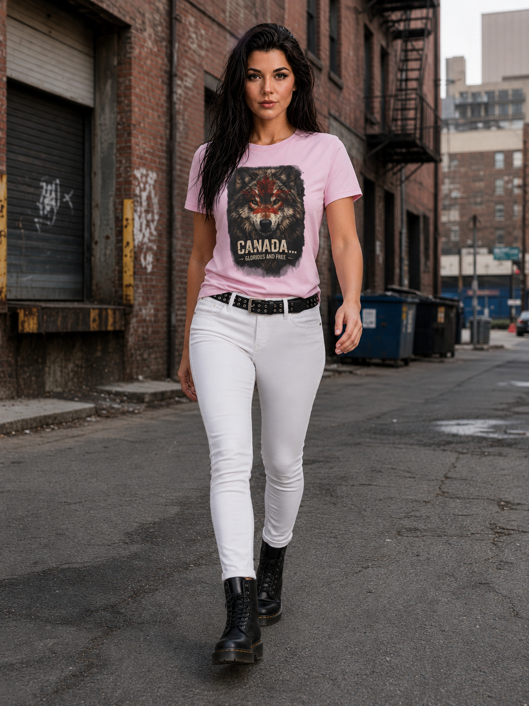 A woman walking down an urban street wearing a light pink graphic t-shirt with a tiger design and the word 'CANADA', paired with white skinny jeans and black combat boots.