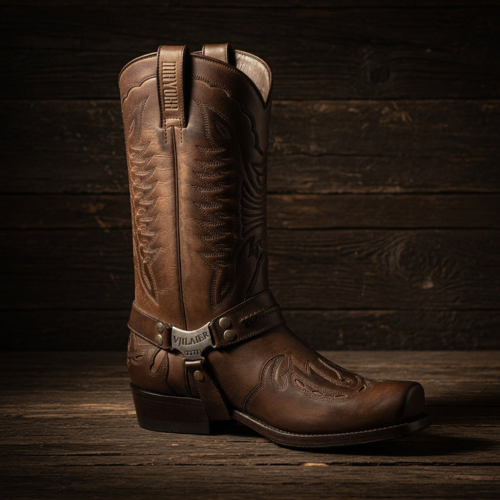 Brown leather cowboy boot with embossed design on a wooden surface and background