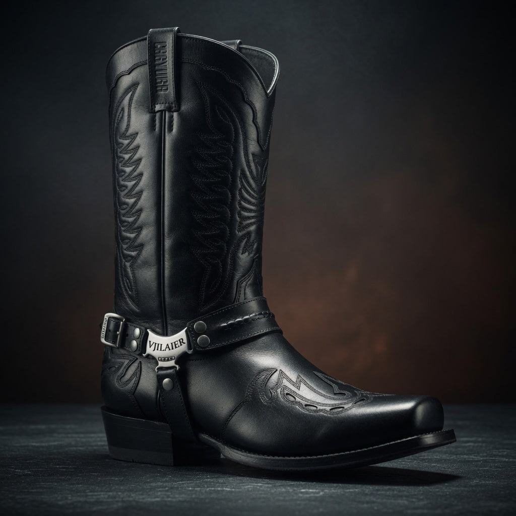 Black cowboy boot with intricate designs on a dark background