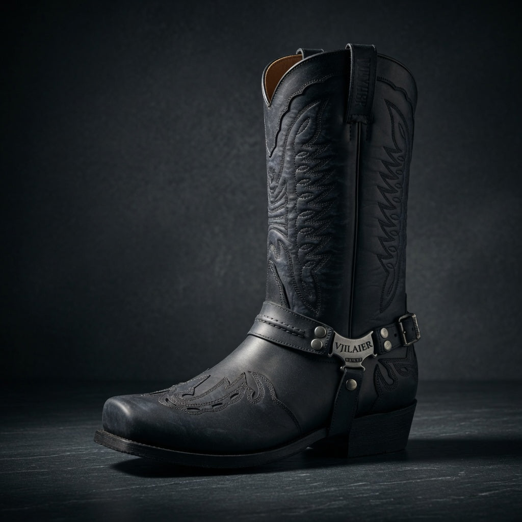 Black cowboy boot with detailed design on a dark background