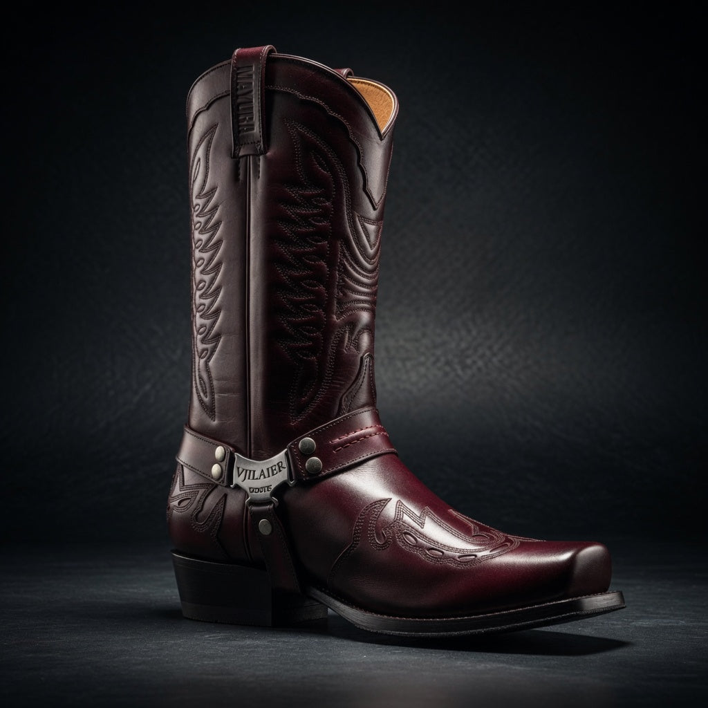 Brown leather cowboy boot with intricate designs on a dark background