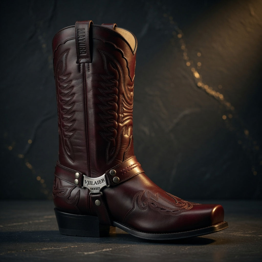 Brown cowboy boot with embossed design on a dark background