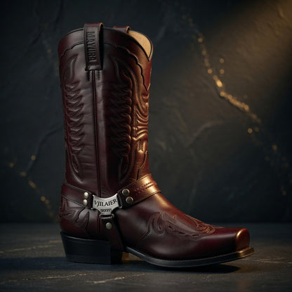 Brown cowboy boot with embossed design on a dark background