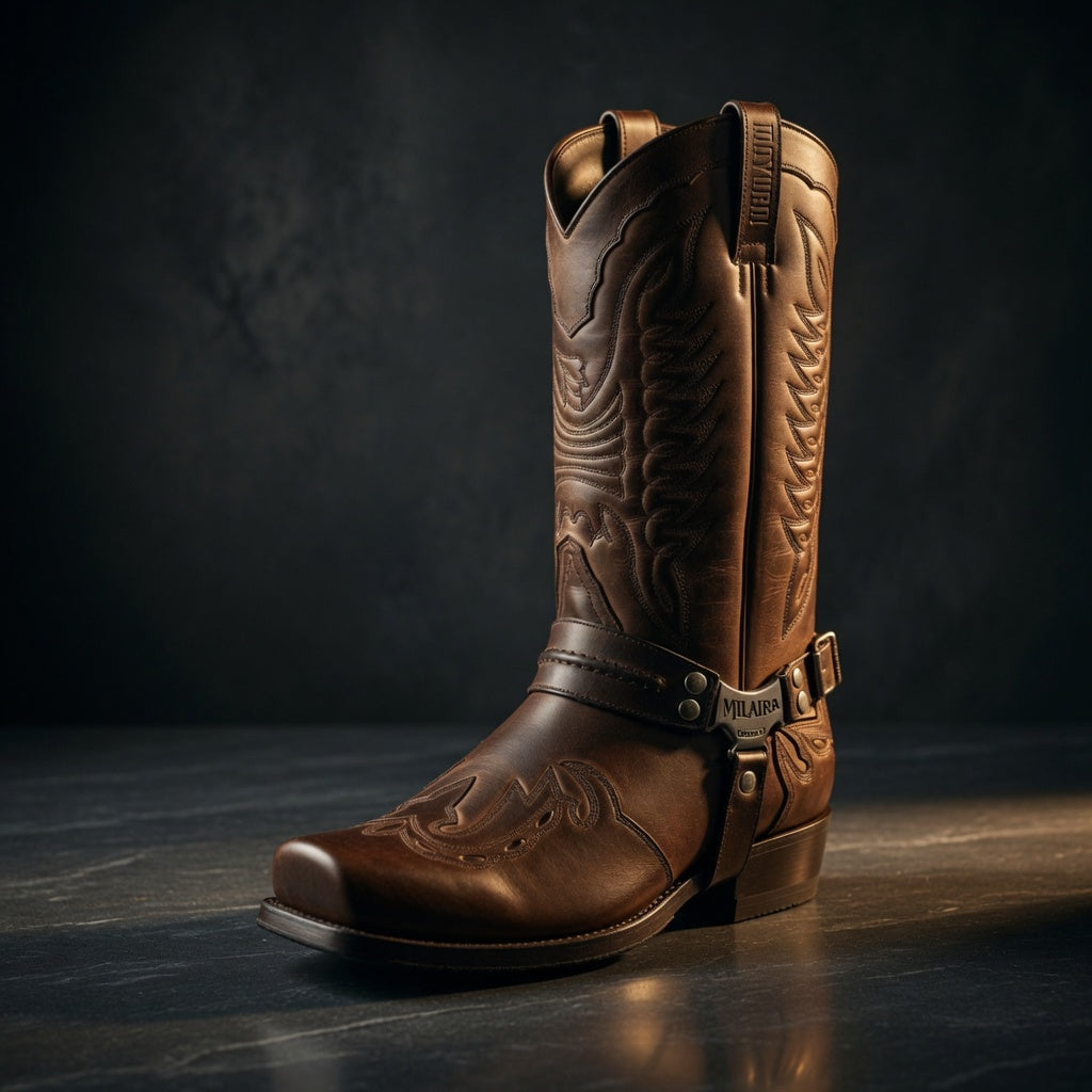Brown cowboy boot with intricate designs on a dark background