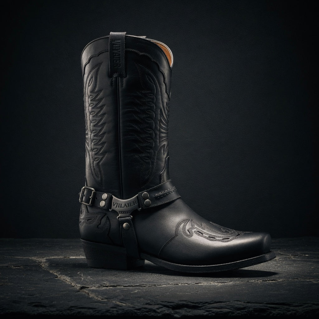 Black cowboy boot with leather strap on a dark background