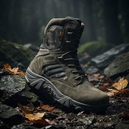 Green hiking boot on a rocky forest floor