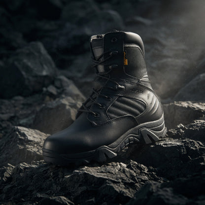 Black tactical boot on a rocky surface