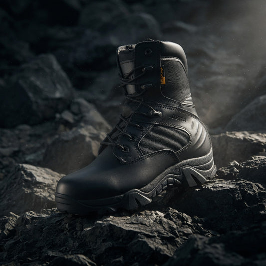 Black tactical boot on a rocky surface