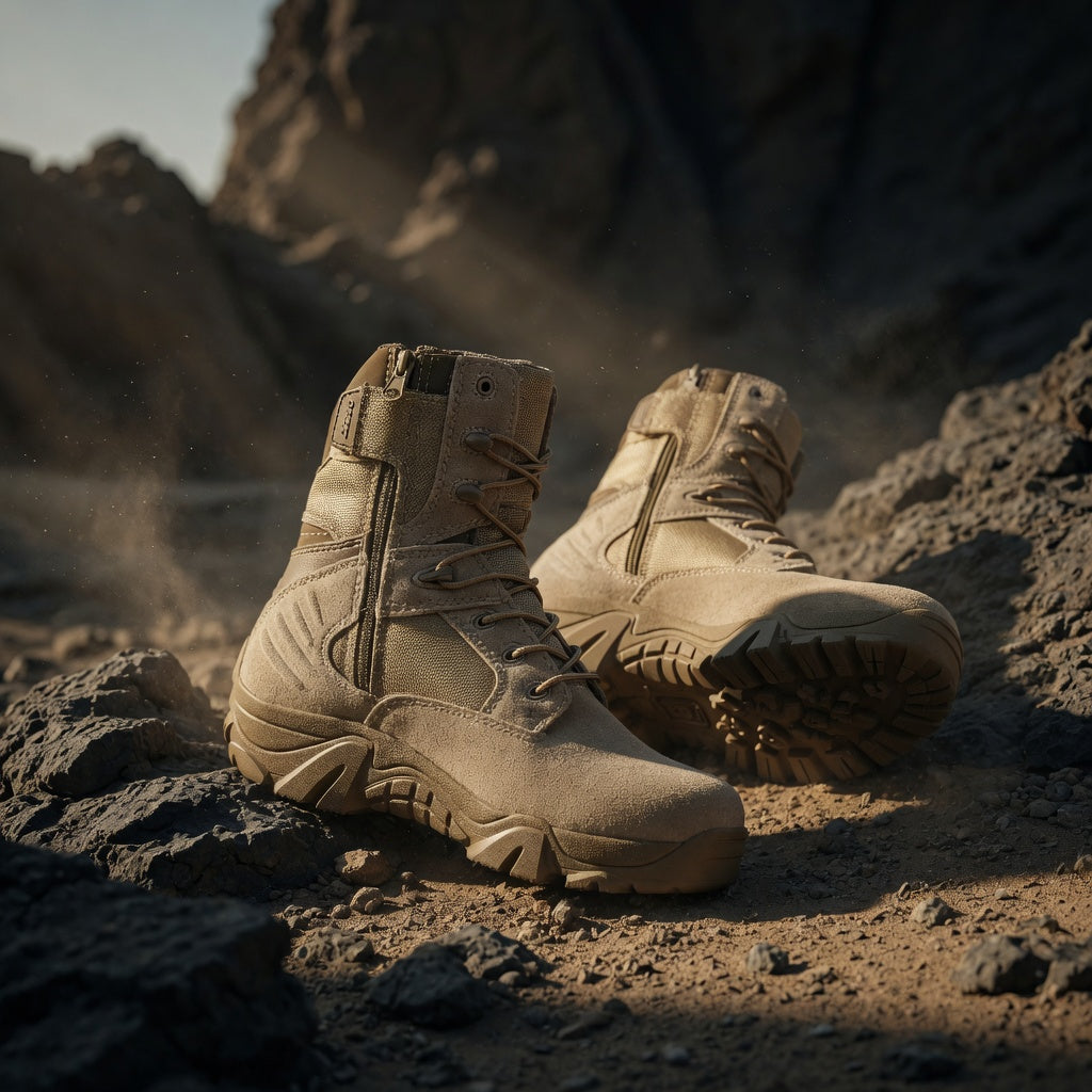Tan tactical boots on a rocky surface with a desert landscape in the background