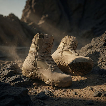 Tan tactical boots on a rocky surface with a desert landscape in the background