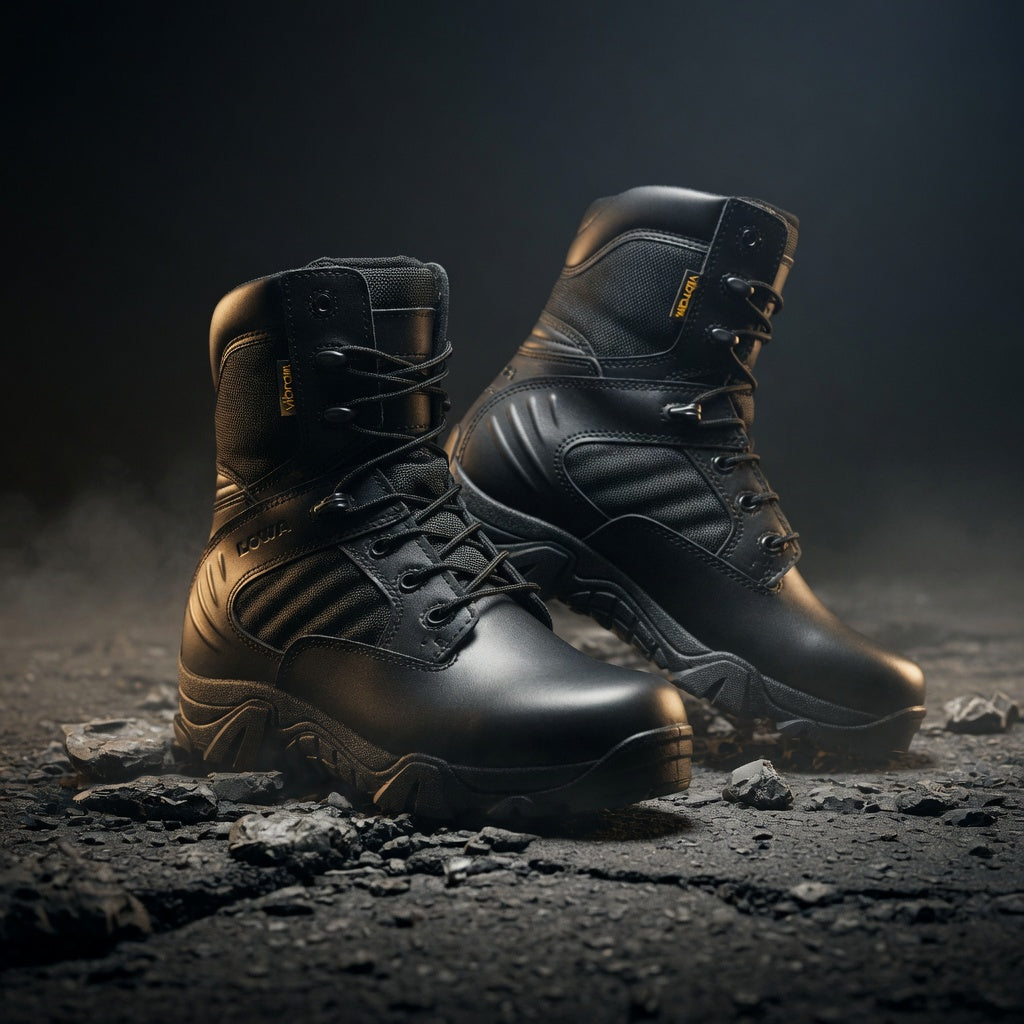 Pair of black tactical boots on a dark, textured surface