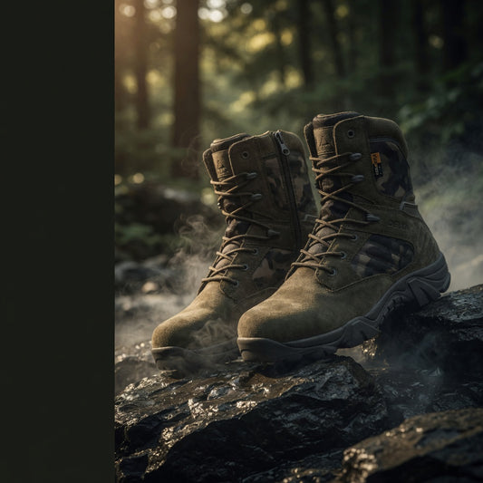 Pair of green military boots on a rock with a forest background