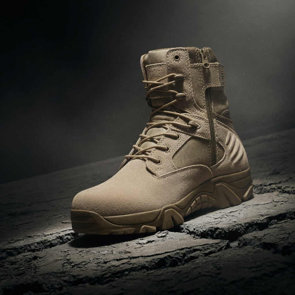 Tan military boot on a dark textured surface