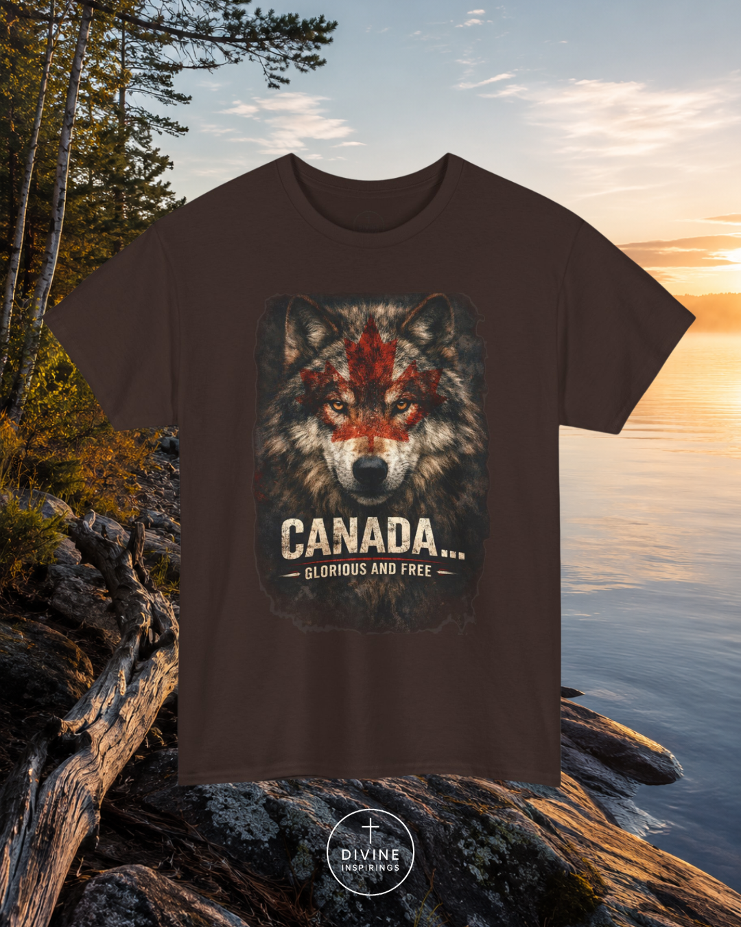 Black t-shirt with a wolf graphic and 'Canada Glorious and Free' text, placed on rocks by a lake.