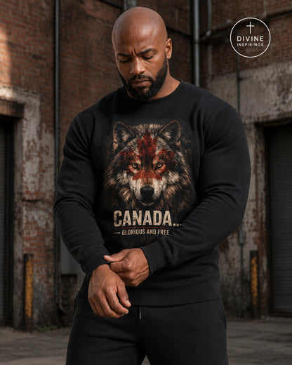 A muscular man wearing a black crewneck sweatshirt with a graphic print of a wolf with red markings and the text 'CANADA.