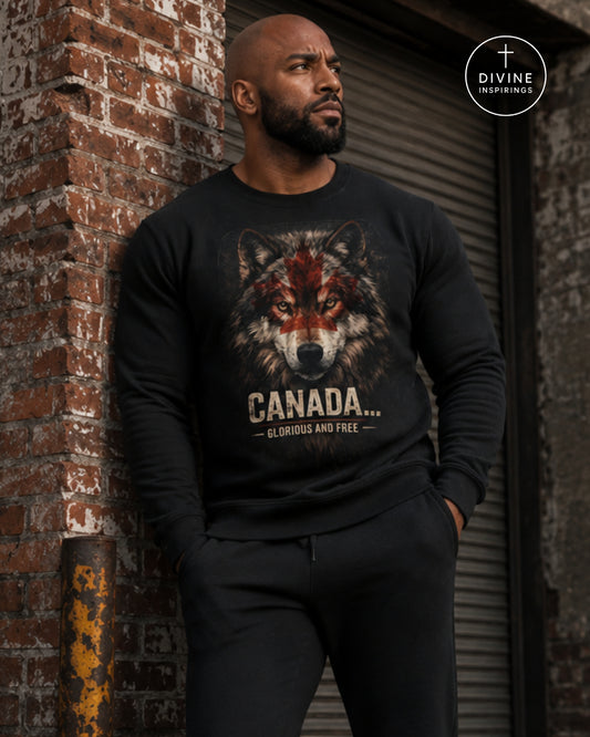 A man wearing a black long-sleeve sweatshirt with a large wolf graphic and the text 'CANADA.