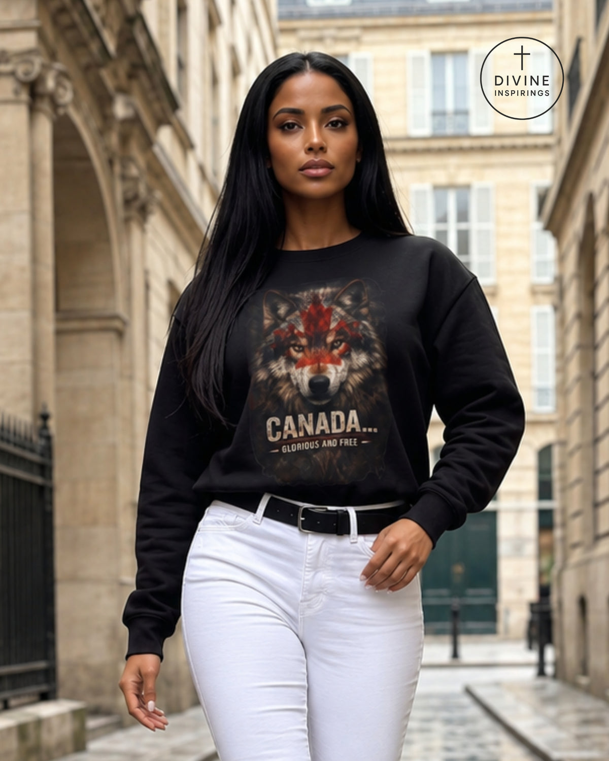 A woman wearing a black crewneck sweatshirt with a wolf graphic and the text 'CANADA GLORIOUS AND FREE' paired with white pants, standing in an outdoor urban setting.
