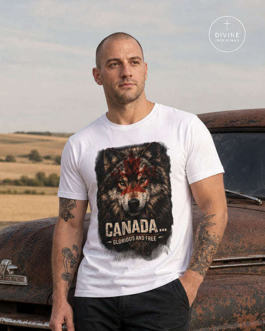 A man wearing a white graphic t-shirt with a wolf design and the text 'CANADA.