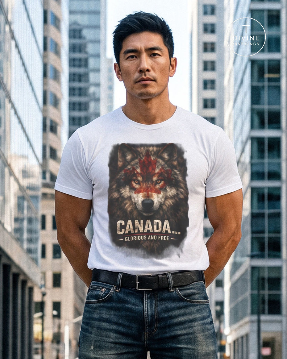 A man wearing a white graphic t-shirt with a wolf design and the text 'CANADA.