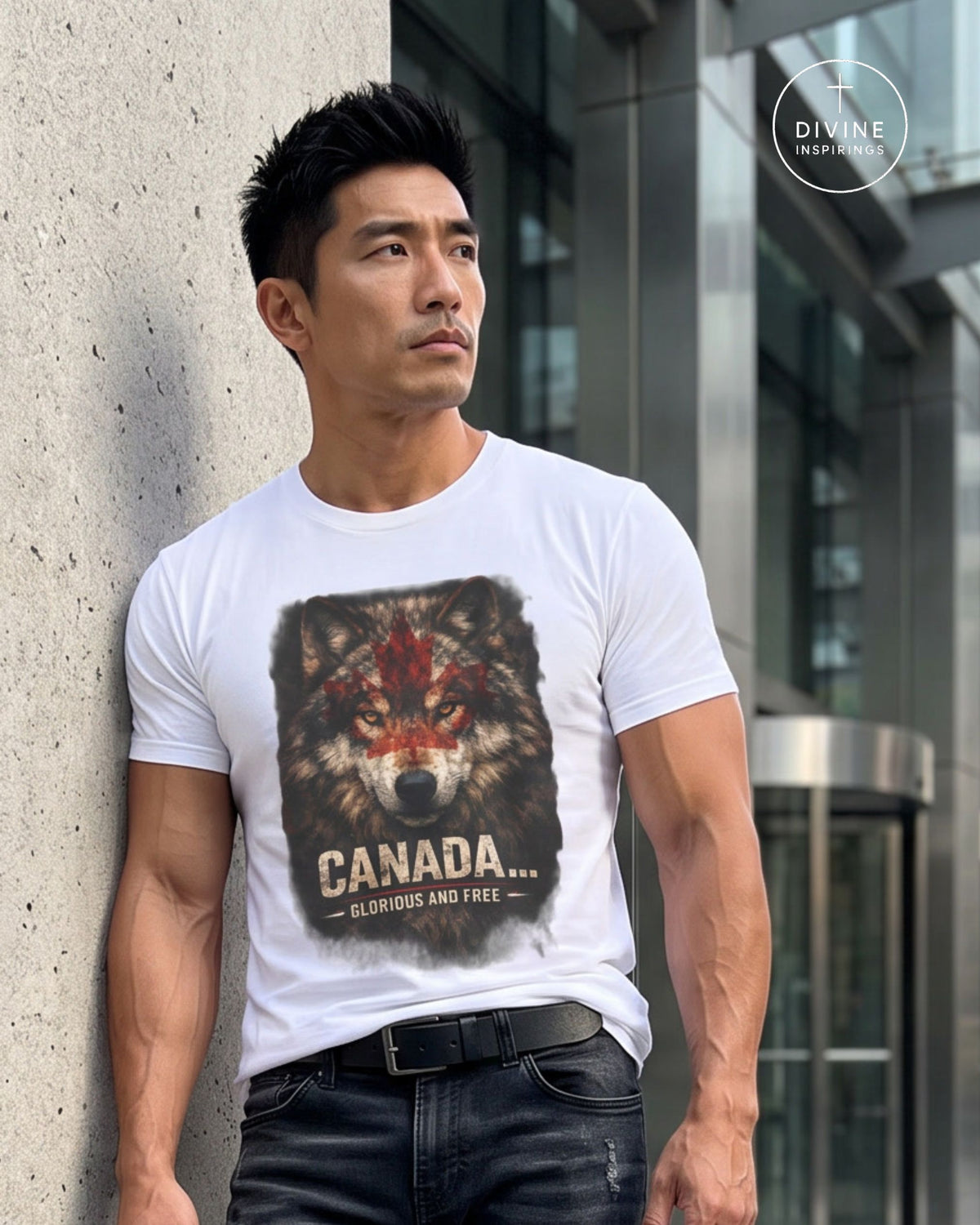 A man wearing a white graphic t-shirt with a wolf print and the text 'CANADA.