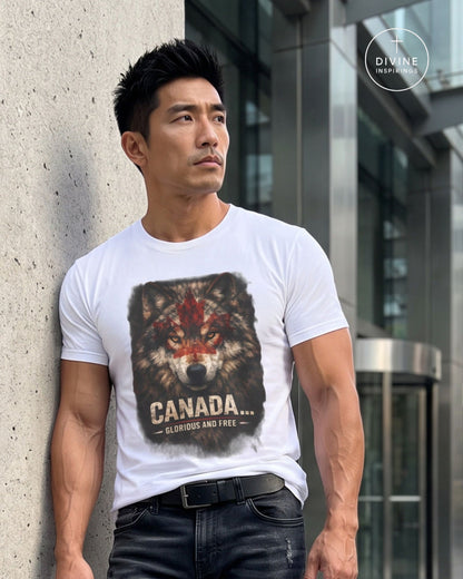 A man wearing a white graphic t-shirt with a wolf print and the text 'CANADA.