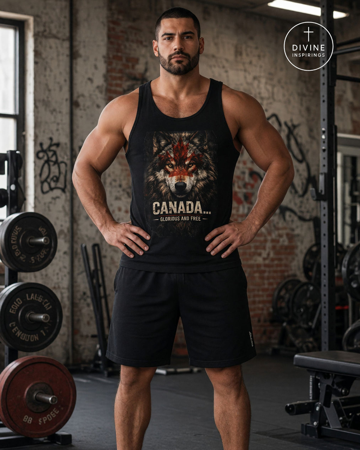 A muscular man stands in a gym wearing a black tank top with a wolf graphic and the text 'CANADA.