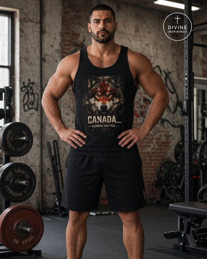 A muscular man stands in a gym wearing a black tank top with a wolf graphic and the text 'CANADA.