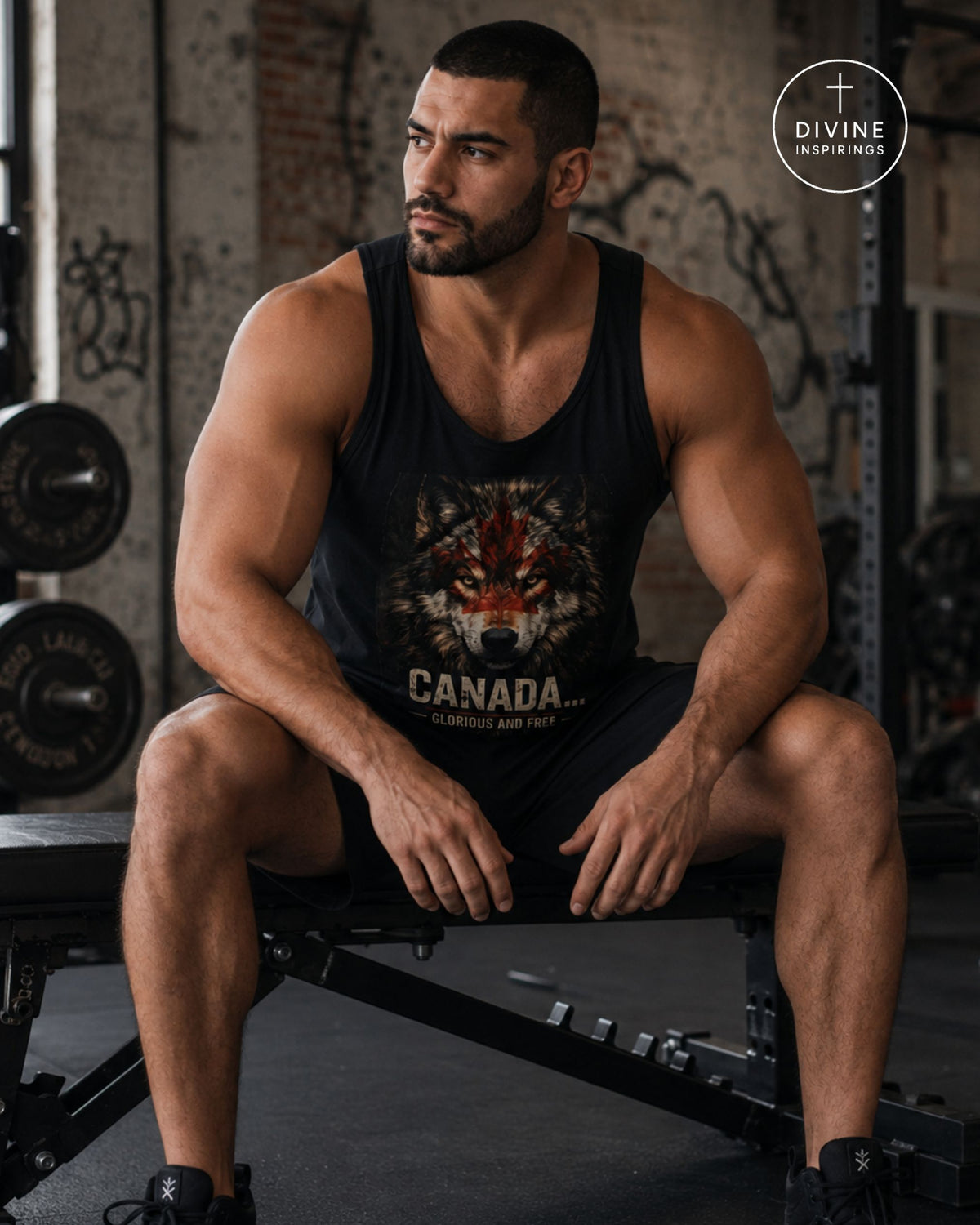 A muscular man sits on a gym bench wearing a black tank top with a detailed red and orange wolf graphic and the text 'CANADA SCROVES AND PANTY' on the front, paired with black shorts. The background shows a gritty, industrial gym setting with brick walls and weight plates.