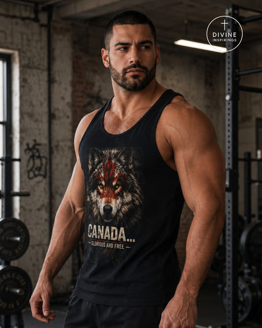 A muscular man in a gym wearing a black tank top with a graphic of a wolf and the text 'CANADA.