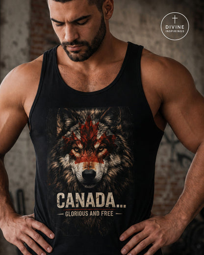 A muscular man wearing a black tank top with a graphic print of a wolf with red and white markings and the text 'CANADA.