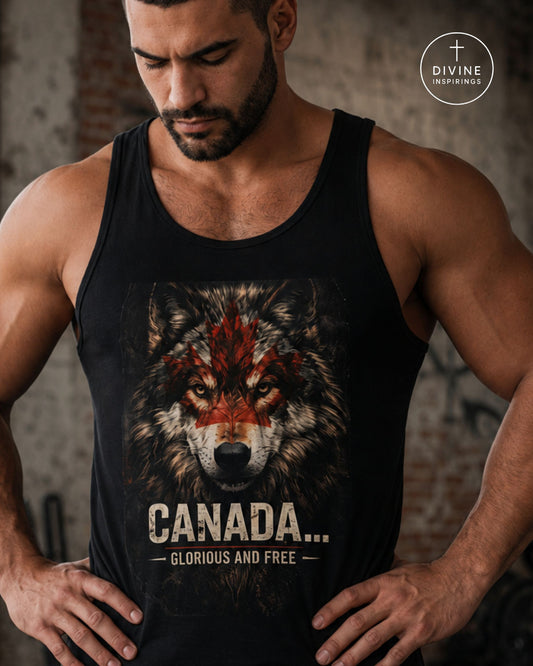 A muscular man wearing a black tank top with a graphic print of a wolf with red and white markings and the text 'CANADA.