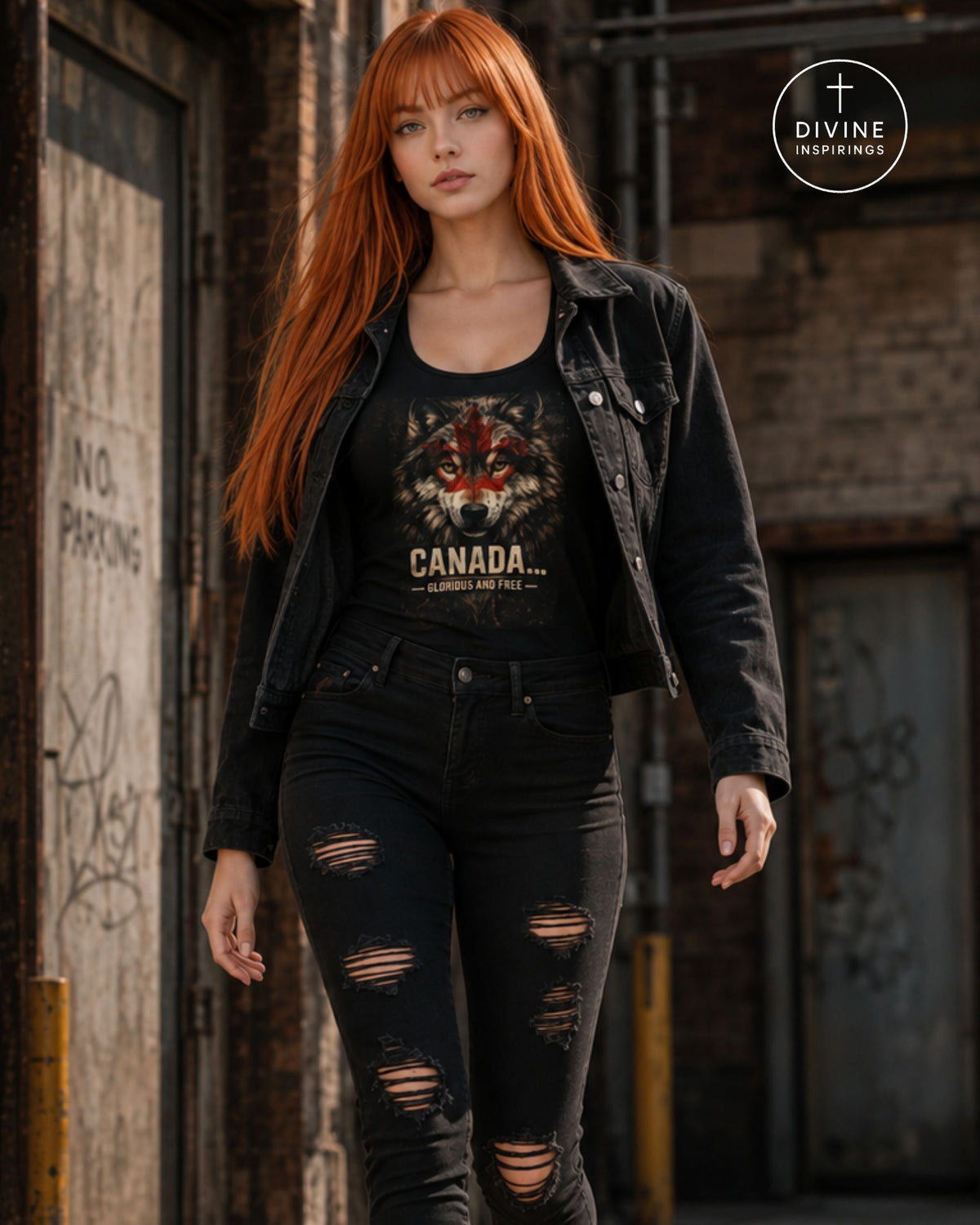 A woman with long red hair stands in an urban alley wearing a black graphic t-shirt with a wolf design and the text 'CANADA.