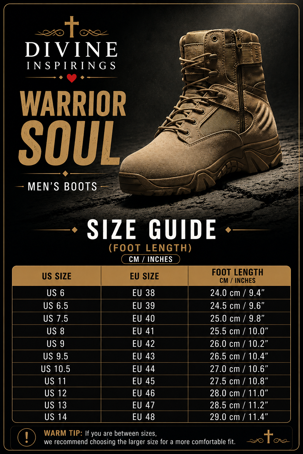 Men's boot size guide with 'Divine Inspirings Warrior Soul' branding on a dark background.