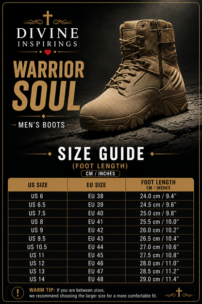 Men's boot size guide with 'Divine Inspirings Warrior Soul' branding on a dark background.