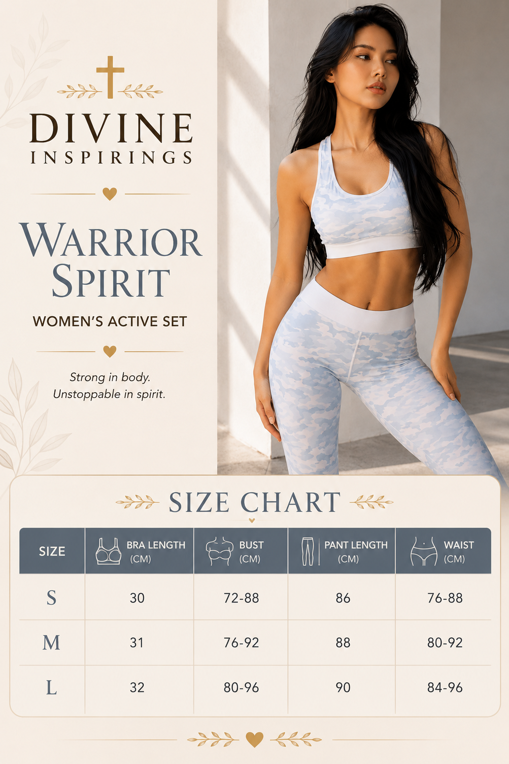 Woman wearing a sports bra and leggings with 'Divine Inspirings' branding and size chart.